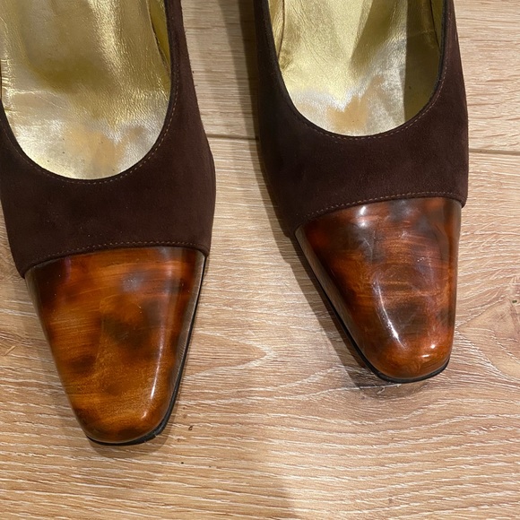 Vintage 90s Escada Womens 7 Brown Pump Heel Square Toe Cap Color Block Tortoise - Picture 2 of 7